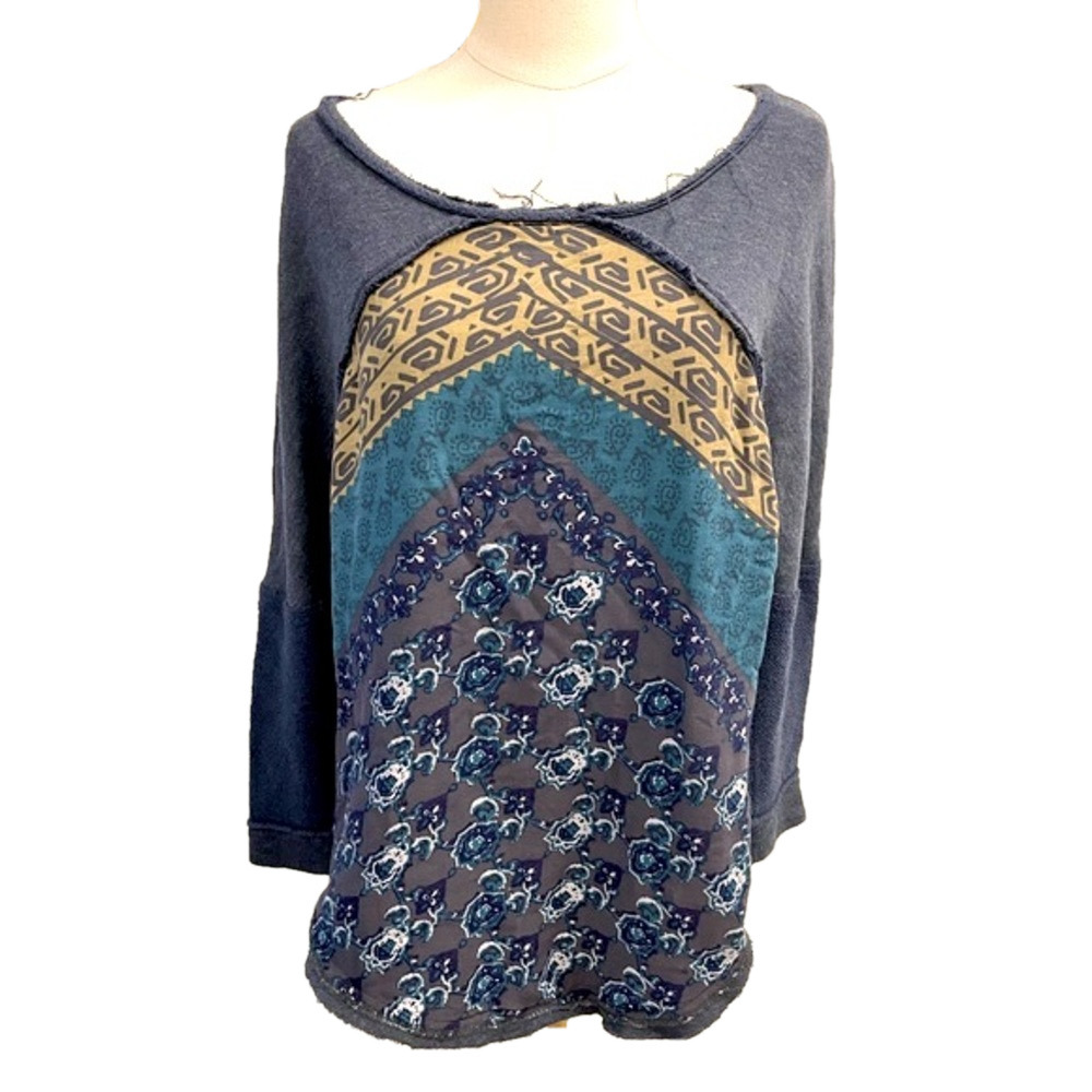FREE PEOPLE Blue & Yellow Patterned Sweater with raw edge seams. XS Oversized